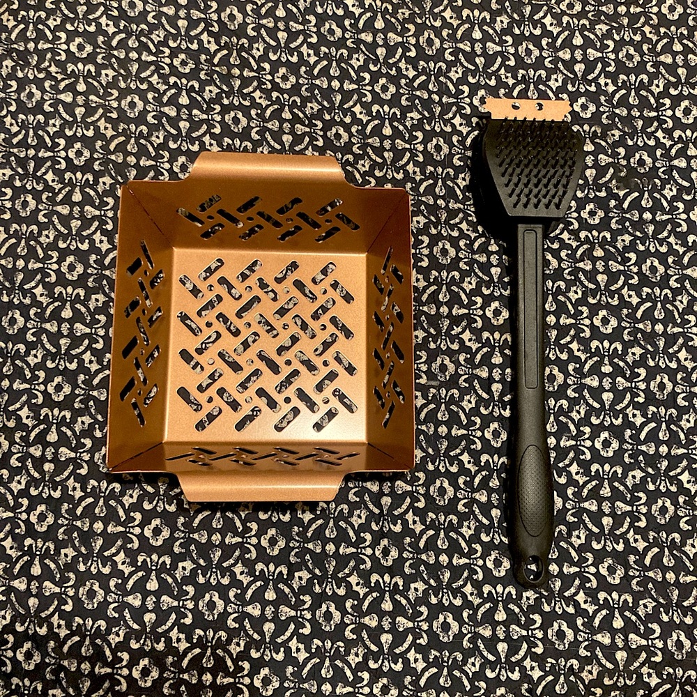 Non Stick Copper Colored Grill Basket and Grill Brush Set
